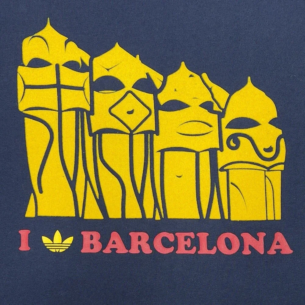 VTG Adidas T-Shirt Men XL Navy I Love Barcelona Gaudi Trefoil Y2K City Flocked
